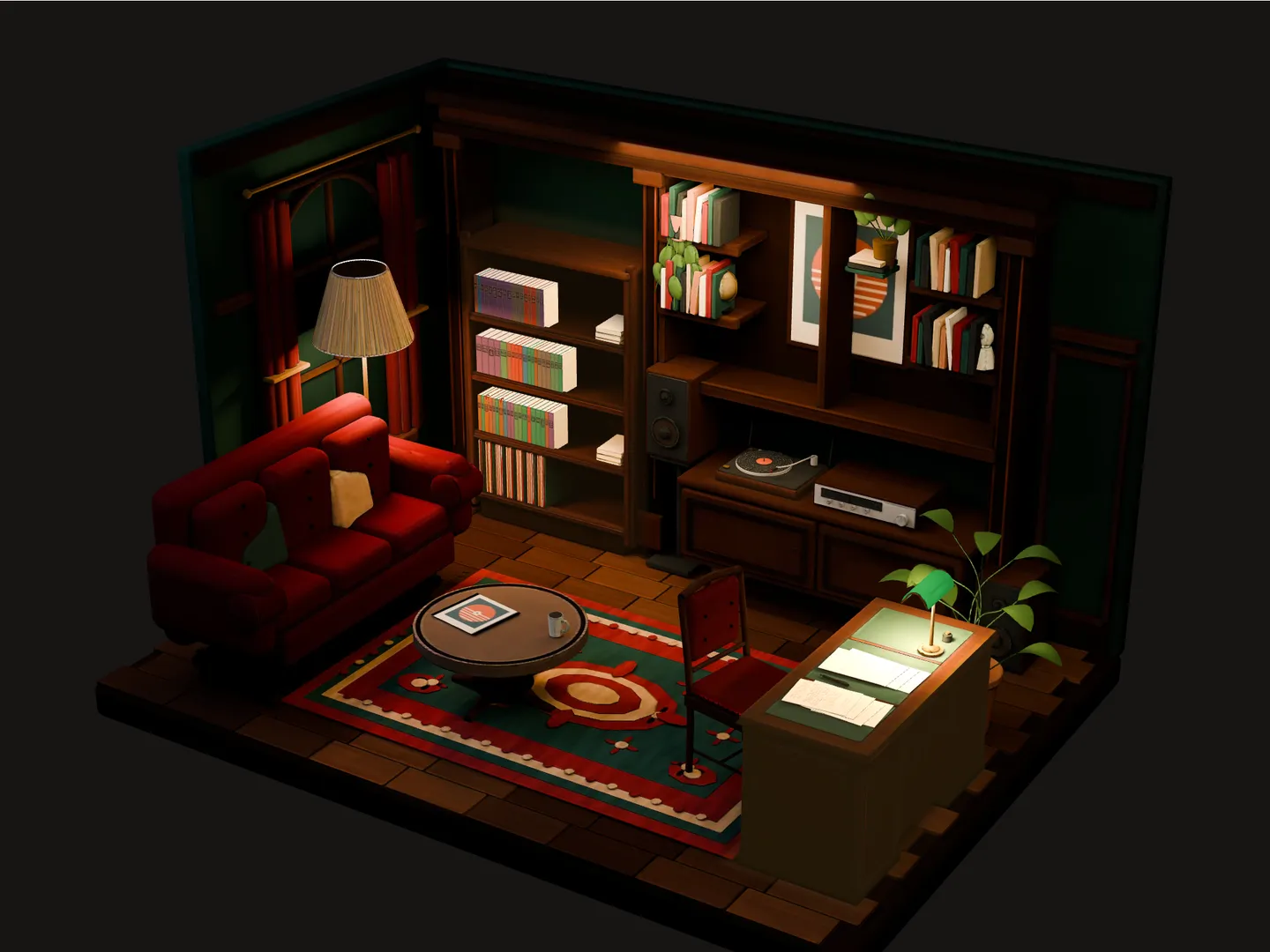 A miniature living room: Pléiade books and records, a walnut hi-fi with a turntable, a pleated floor lamp, a patterned rug, and an oak writing desk with manuscripts under a green banker's lamp.