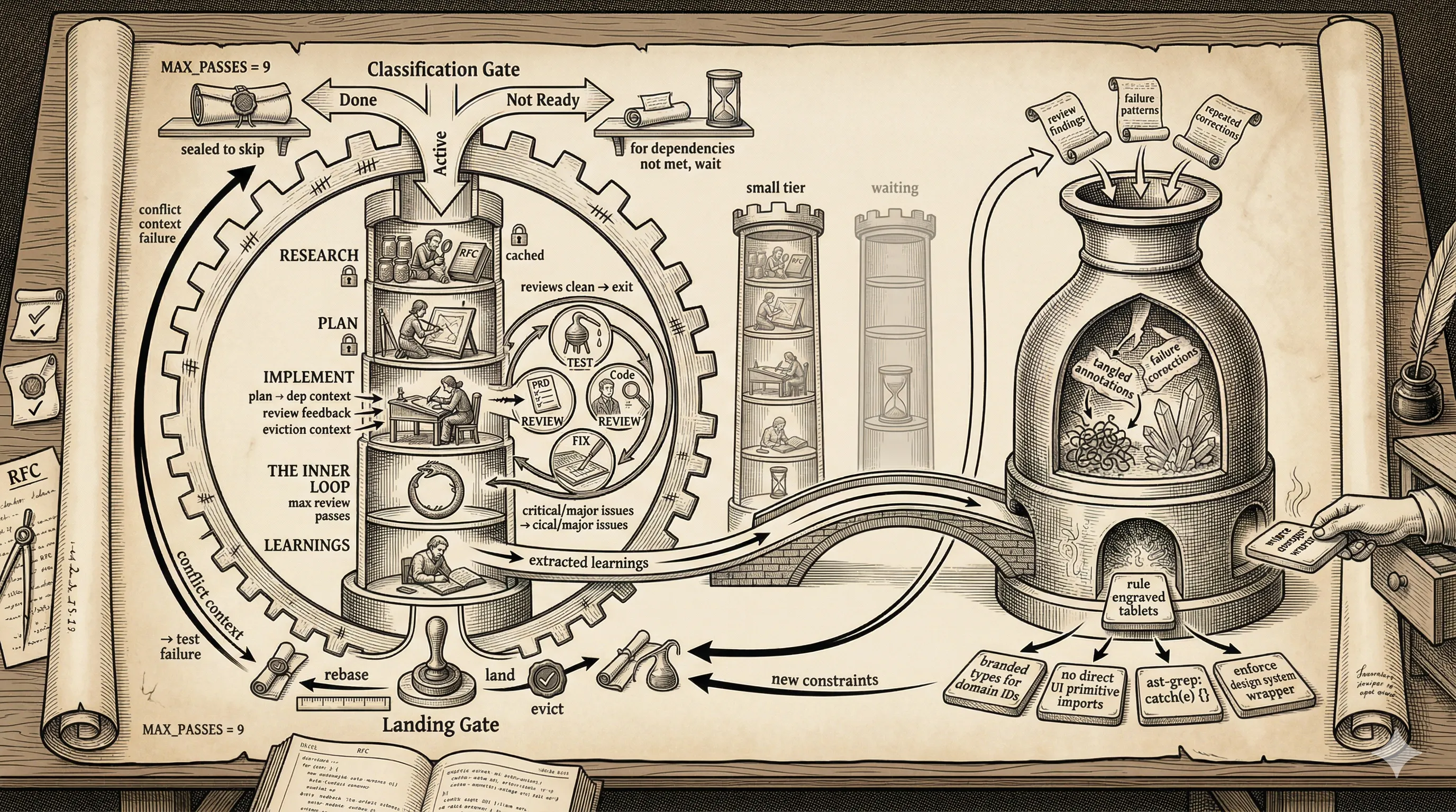 The implementation workflow takes a plan through research, plan and implement phases, loops between implementation and review until the reviews come back clean, then turns the learnings extracted from each cycle into new enforced rules.